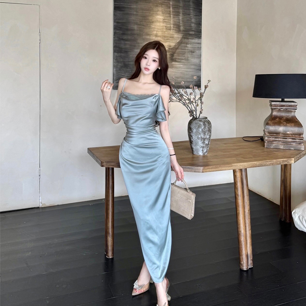 Heap collar strapless dress lotus leaf edges long dress