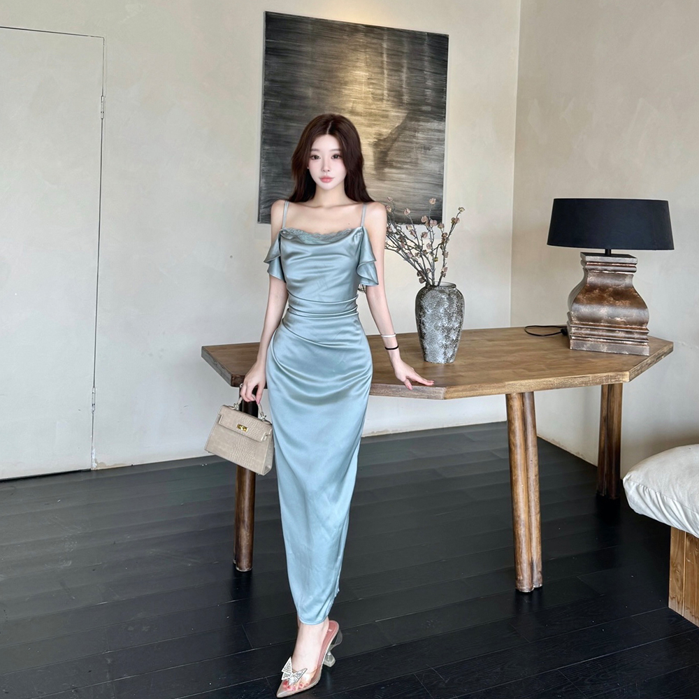 Heap collar strapless dress lotus leaf edges long dress