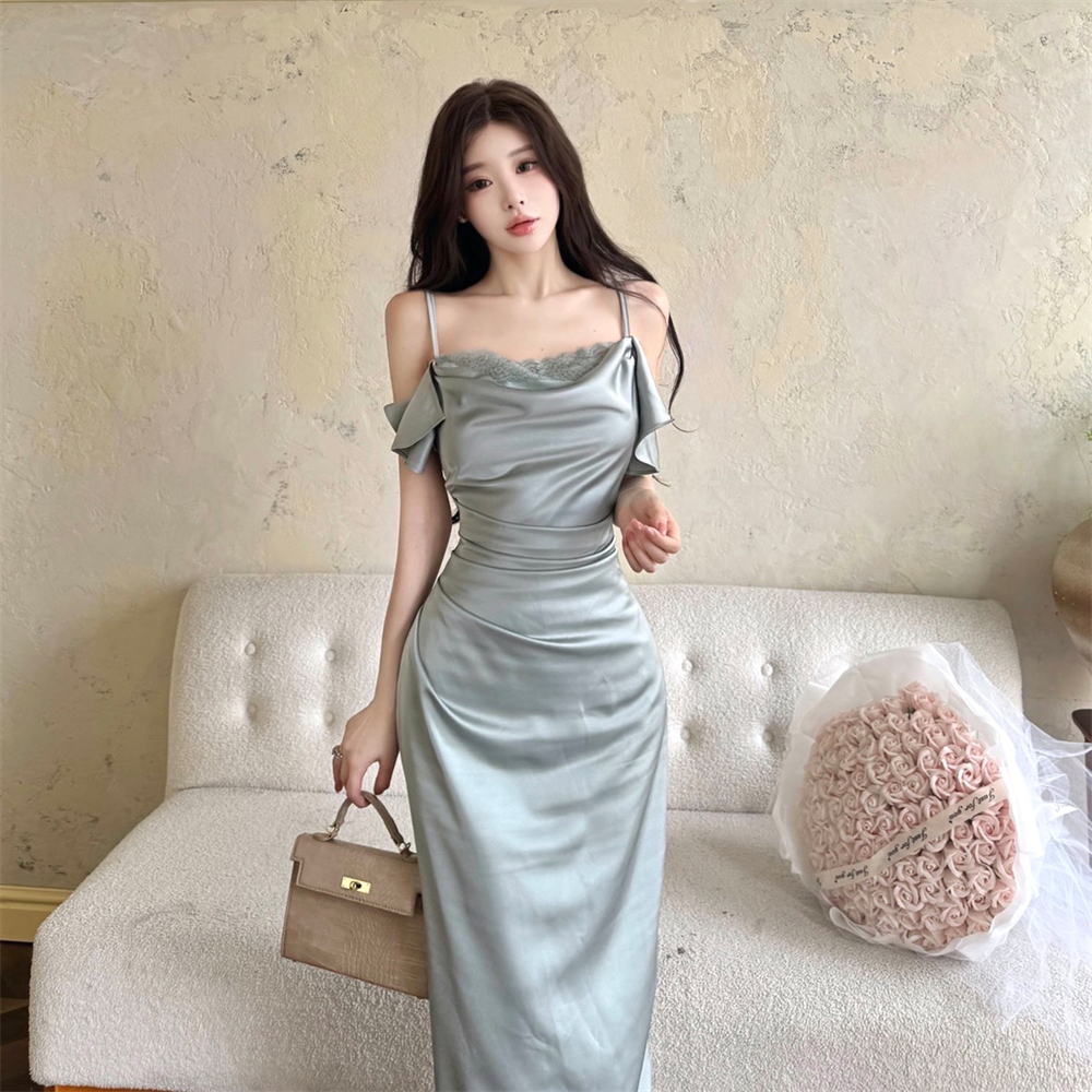 Heap collar strapless dress lotus leaf edges long dress