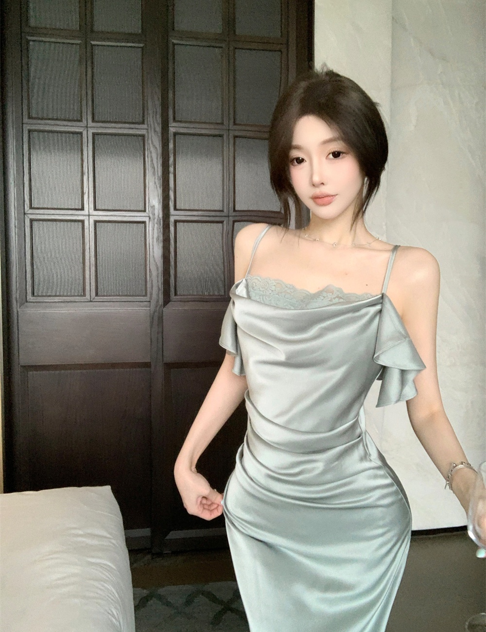 Heap collar strapless dress lotus leaf edges long dress