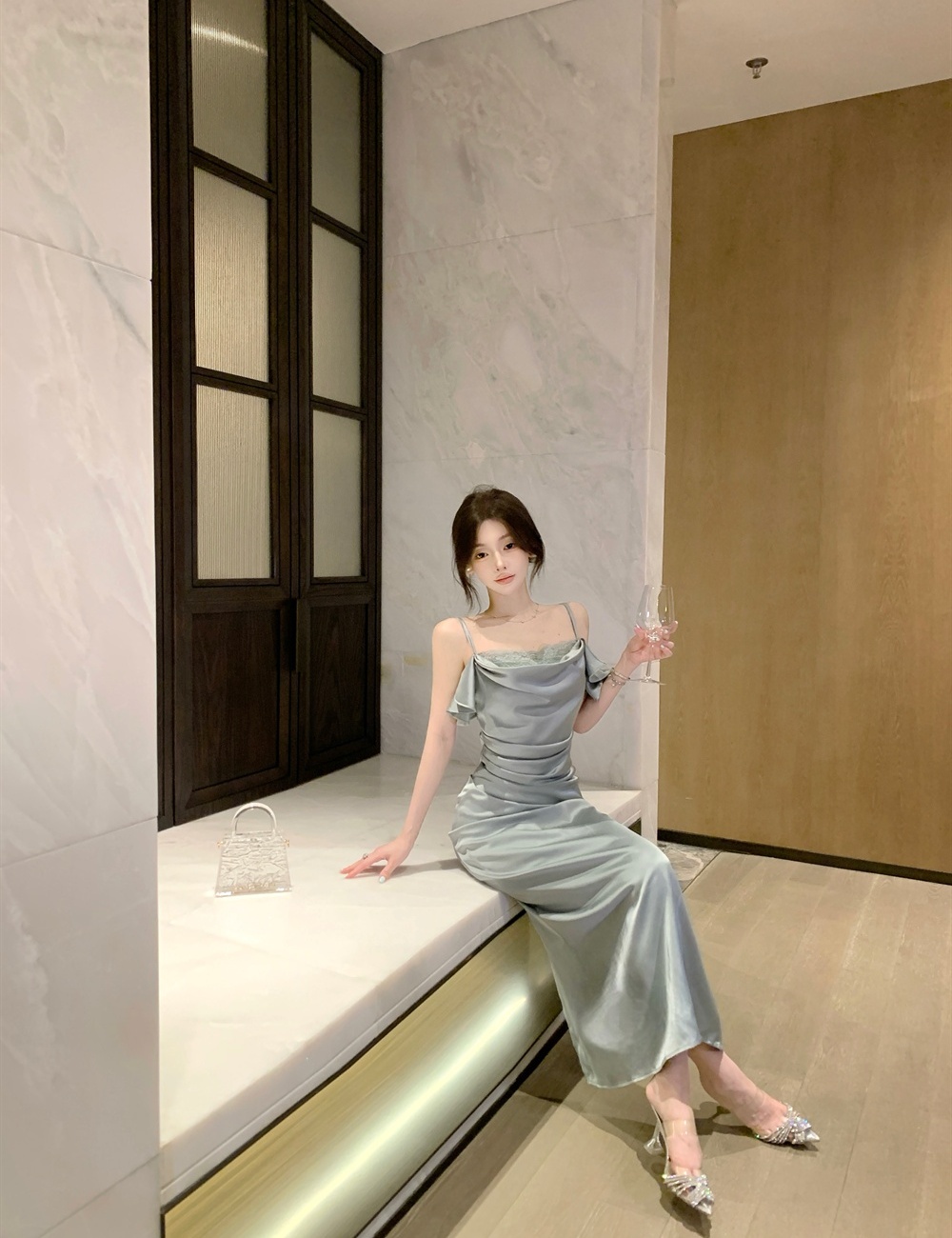 Heap collar strapless dress lotus leaf edges long dress