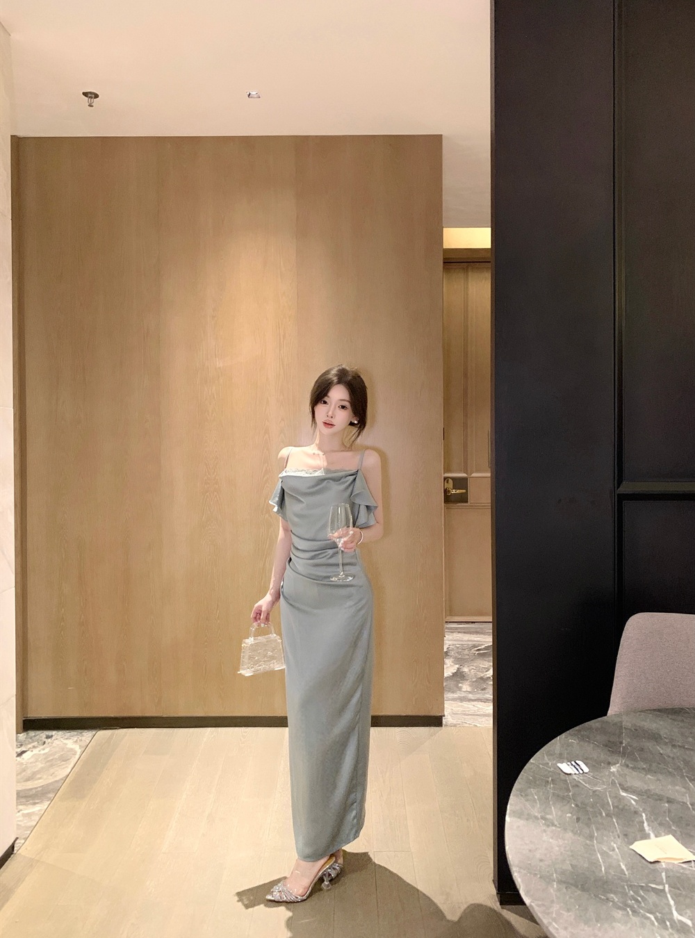 Heap collar strapless dress lotus leaf edges long dress