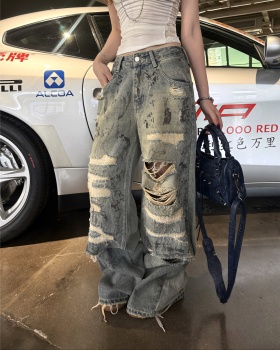 Low-waist wide leg pants holes casual pants