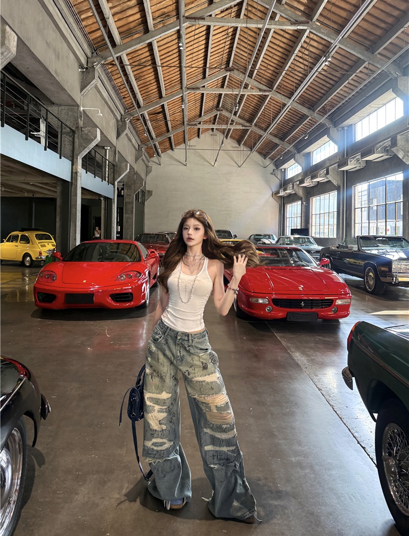 Low-waist wide leg pants holes casual pants