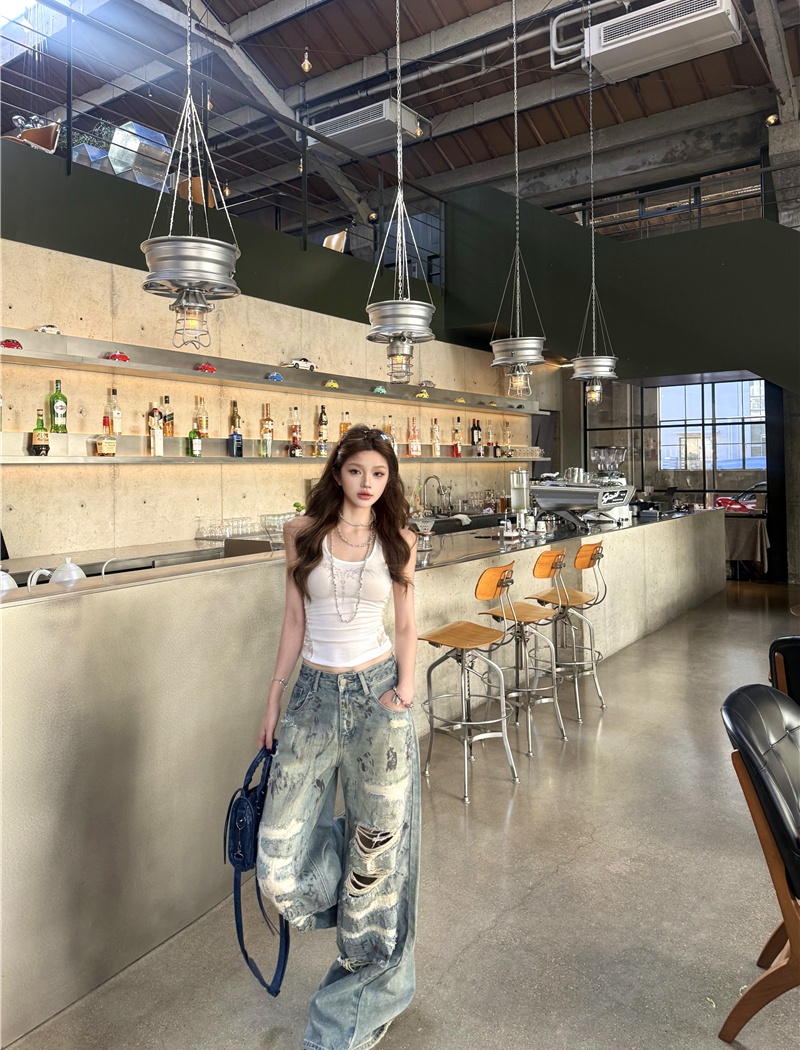 Low-waist wide leg pants holes casual pants