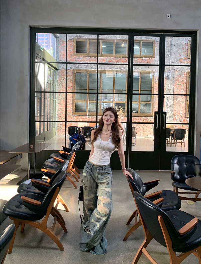Low-waist wide leg pants holes casual pants