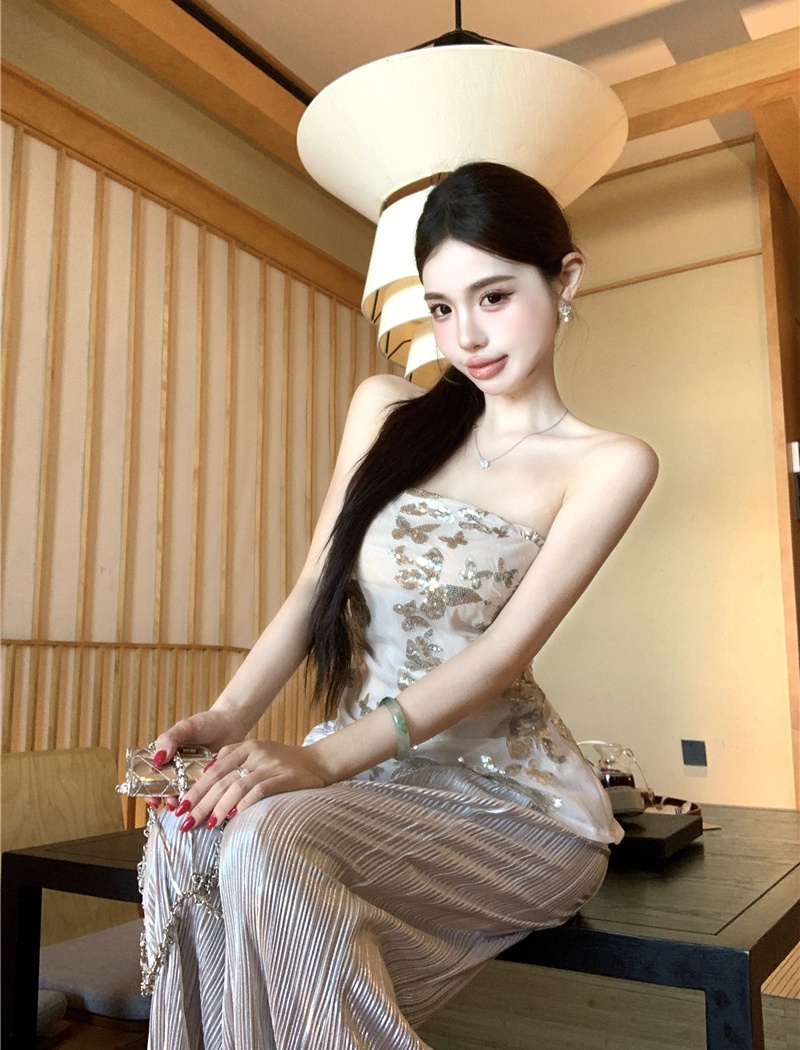 Sequins strapless drape pants romantic enticement vest a set