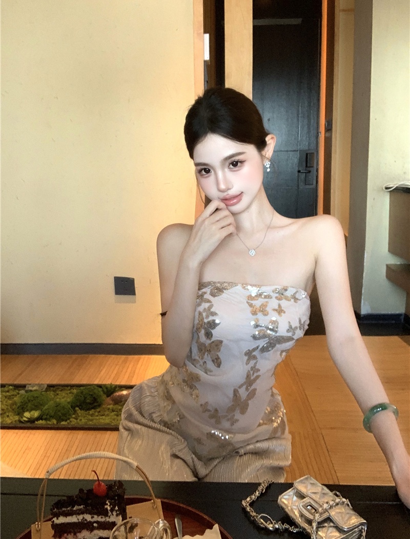 Sequins strapless drape pants romantic enticement vest a set