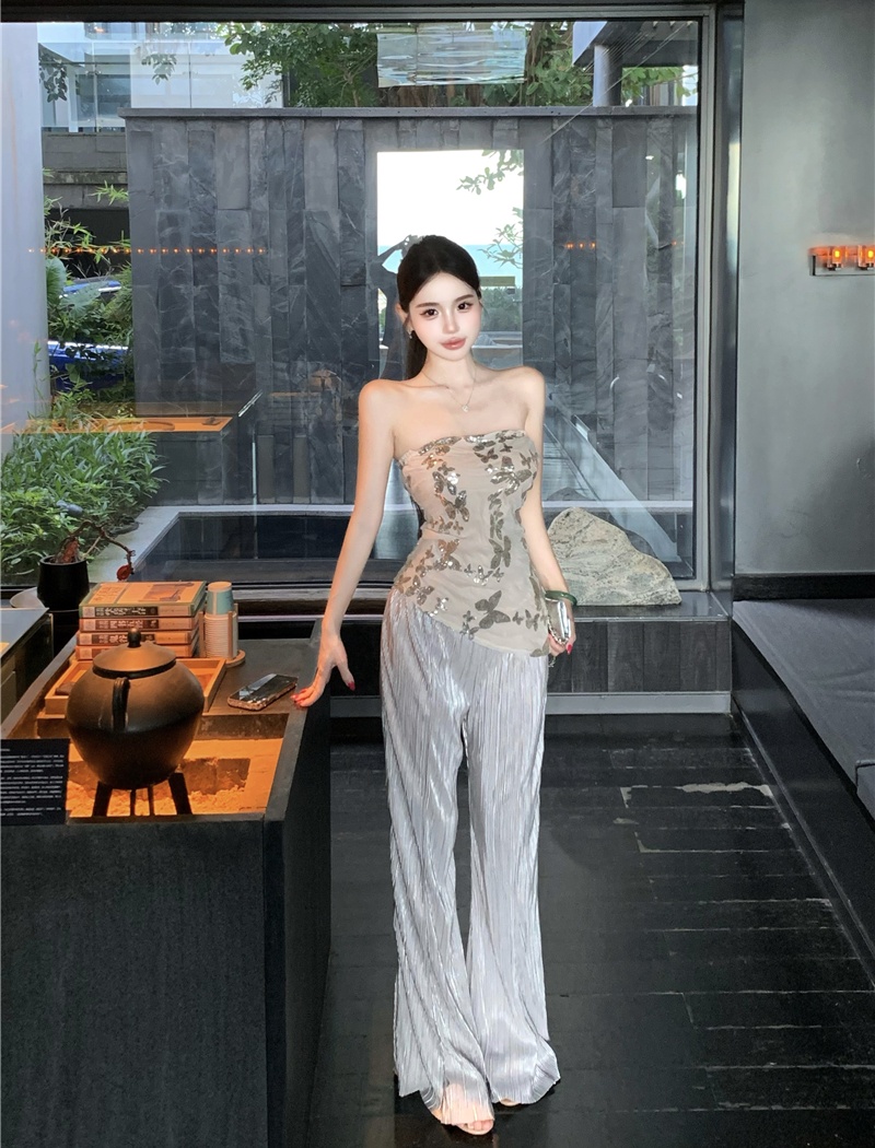 Sequins strapless drape pants romantic enticement vest a set