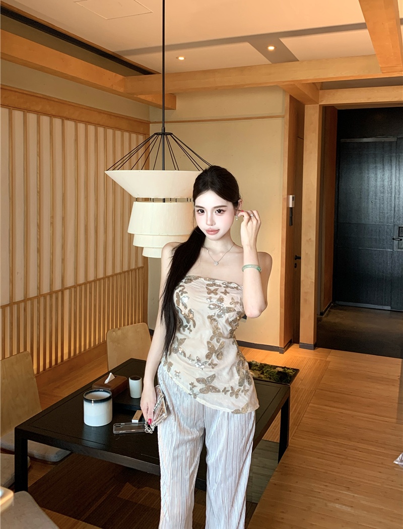 Sequins strapless drape pants romantic enticement vest a set