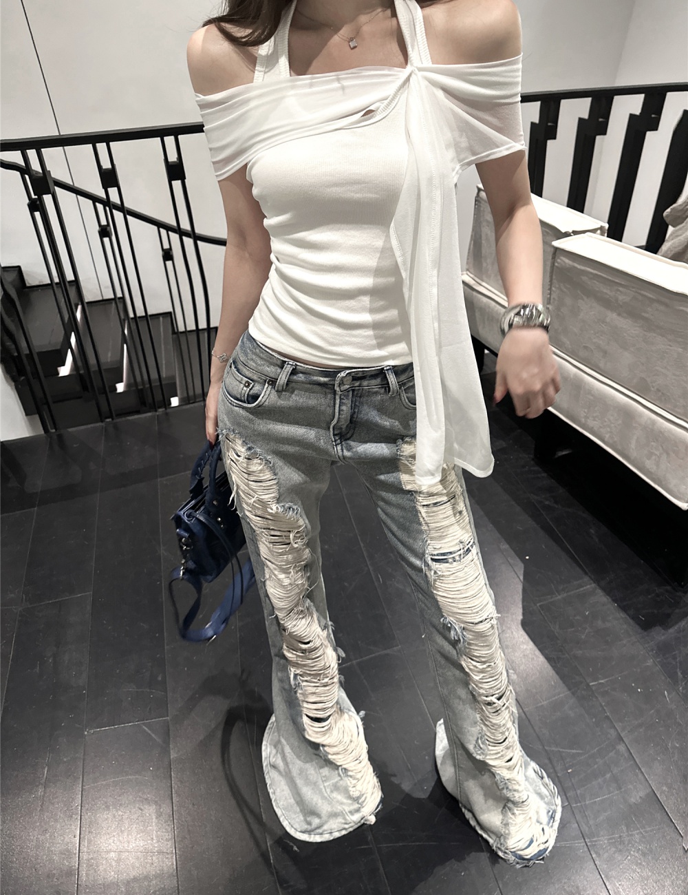 Washed retro jeans sleeveless short pants for women
