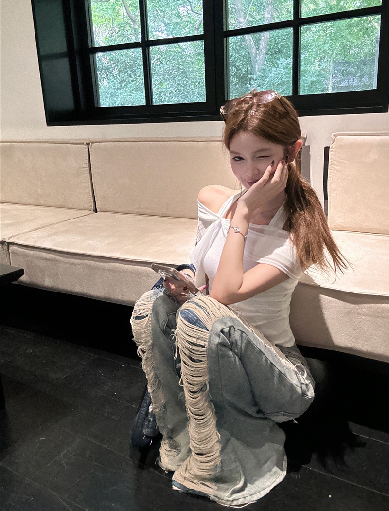 Washed retro jeans sleeveless short pants for women