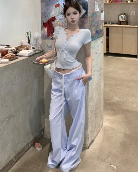 Slim short sleeve T-shirt blue casual pants for women