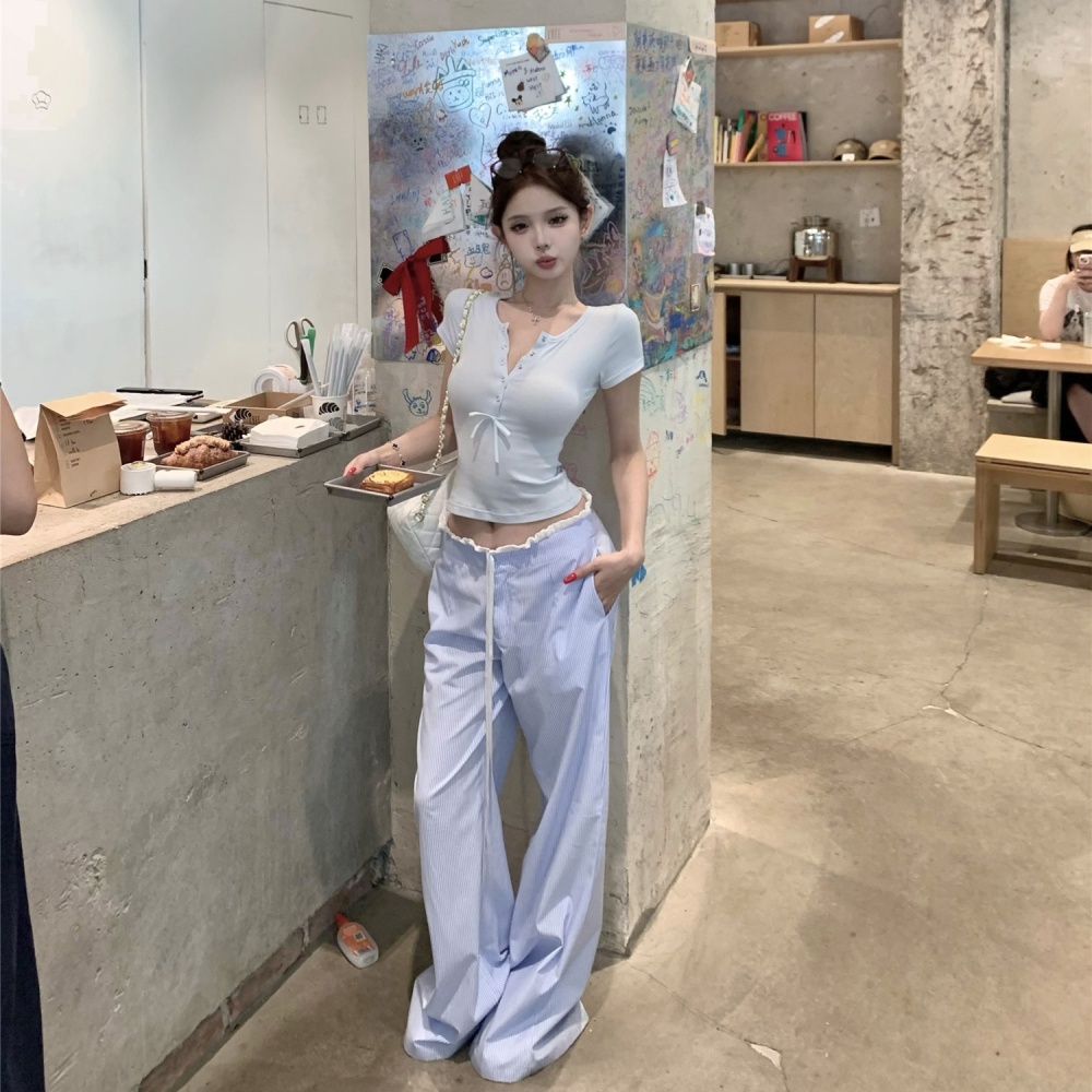 Slim short sleeve T-shirt blue casual pants for women