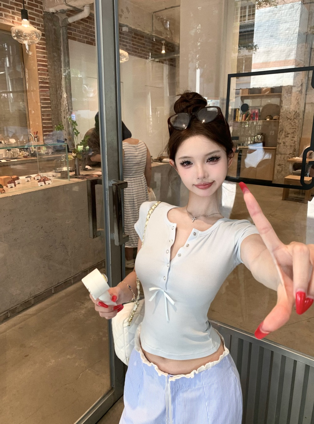 Slim short sleeve T-shirt blue casual pants for women