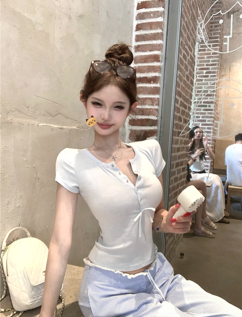 Slim short sleeve T-shirt blue casual pants for women