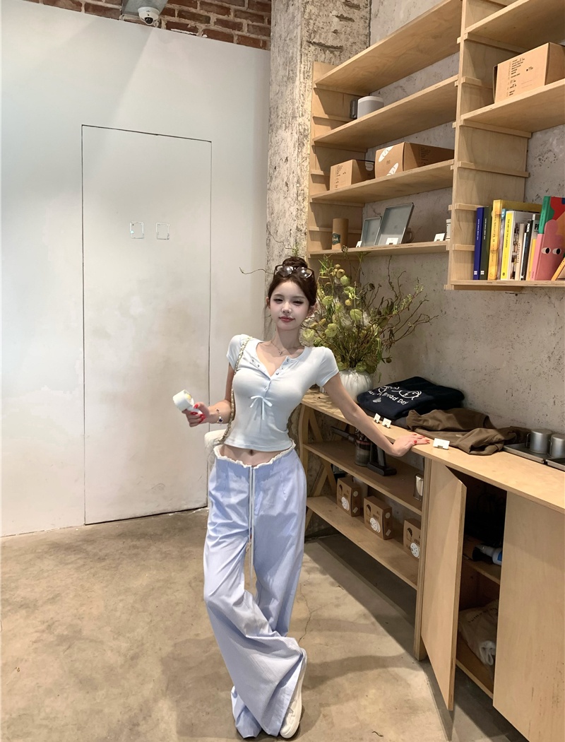 Slim short sleeve T-shirt blue casual pants for women