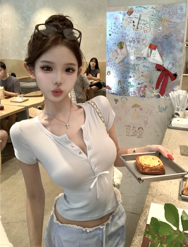 Slim short sleeve T-shirt blue casual pants for women