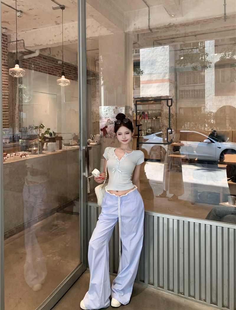 Slim short sleeve T-shirt blue casual pants for women