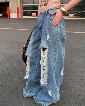 Holes straight loose low-waist jeans for women