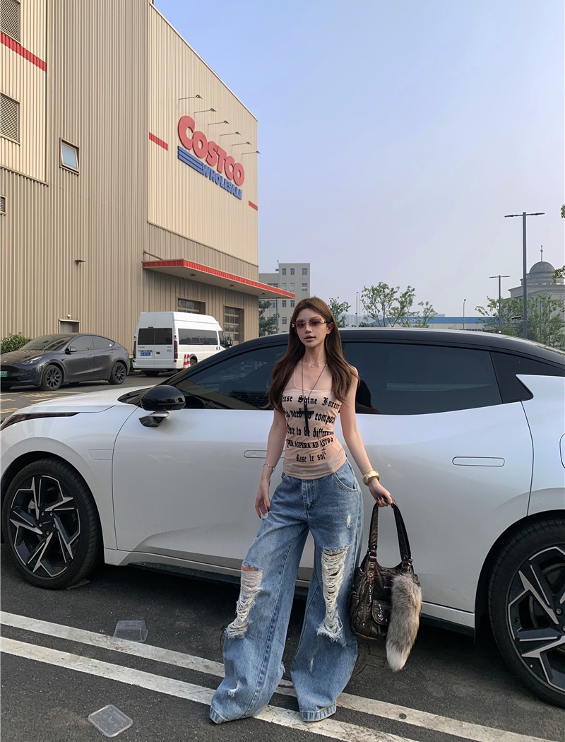 Holes straight loose low-waist jeans for women