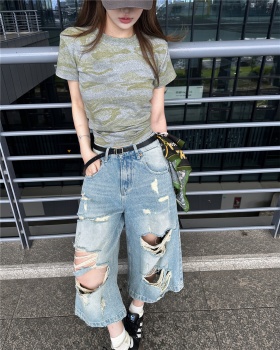 Short sleeve camouflage short jeans holes T-shirt for women