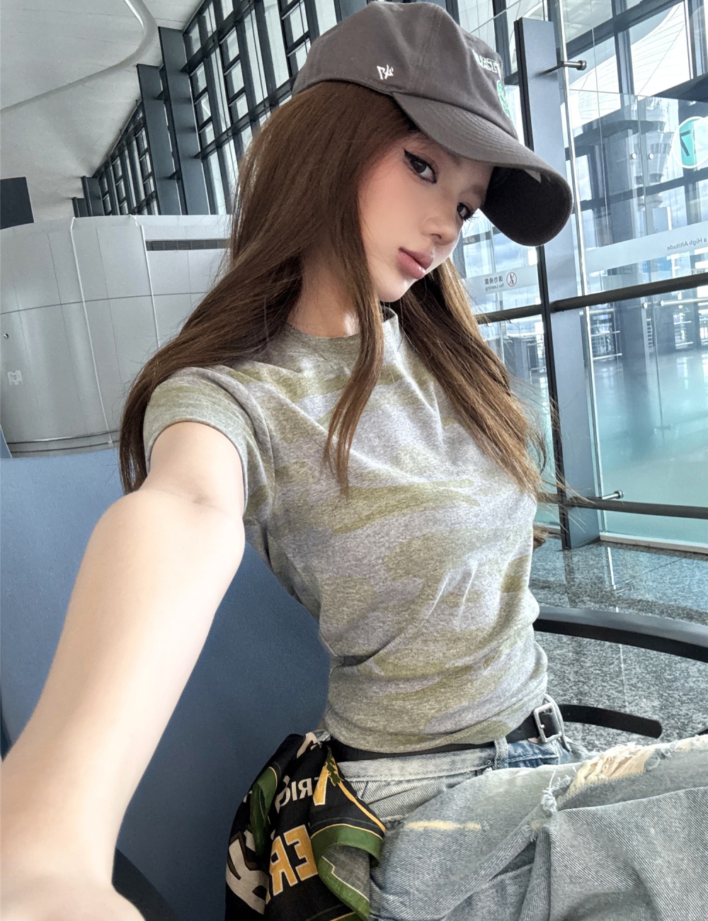 Short sleeve camouflage short jeans holes T-shirt for women