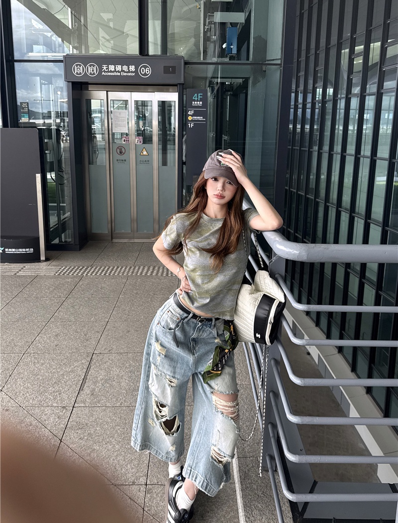 Short sleeve camouflage short jeans holes T-shirt for women