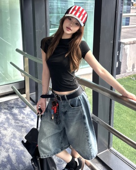 High waist short T-shirt loose short sleeve jeans for women