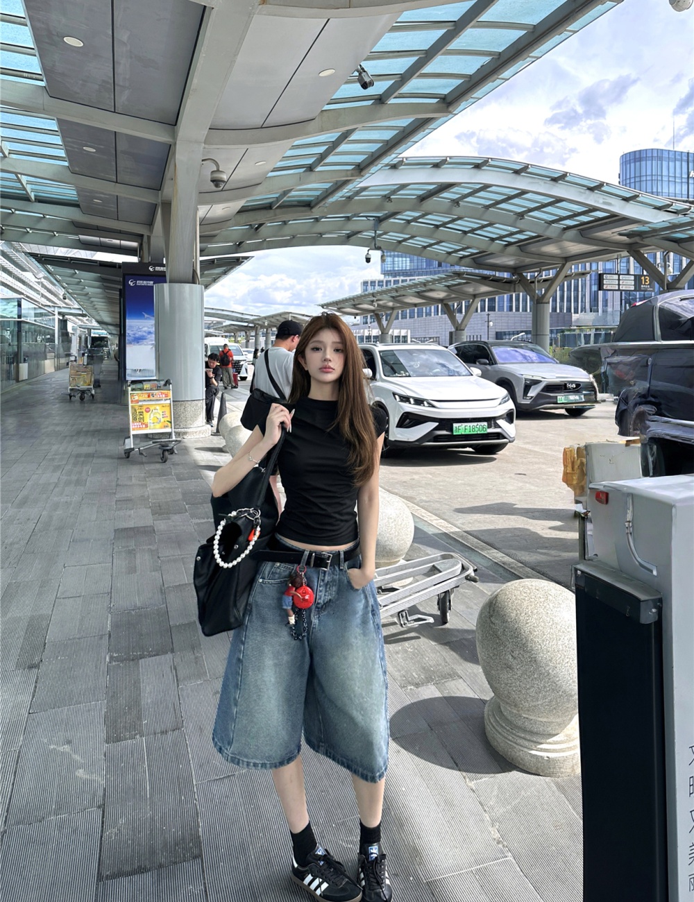 High waist short T-shirt loose short sleeve jeans for women