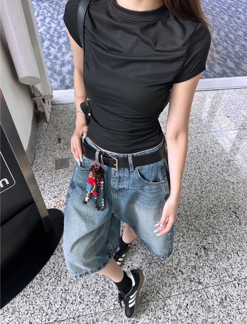 High waist short T-shirt loose short sleeve jeans for women
