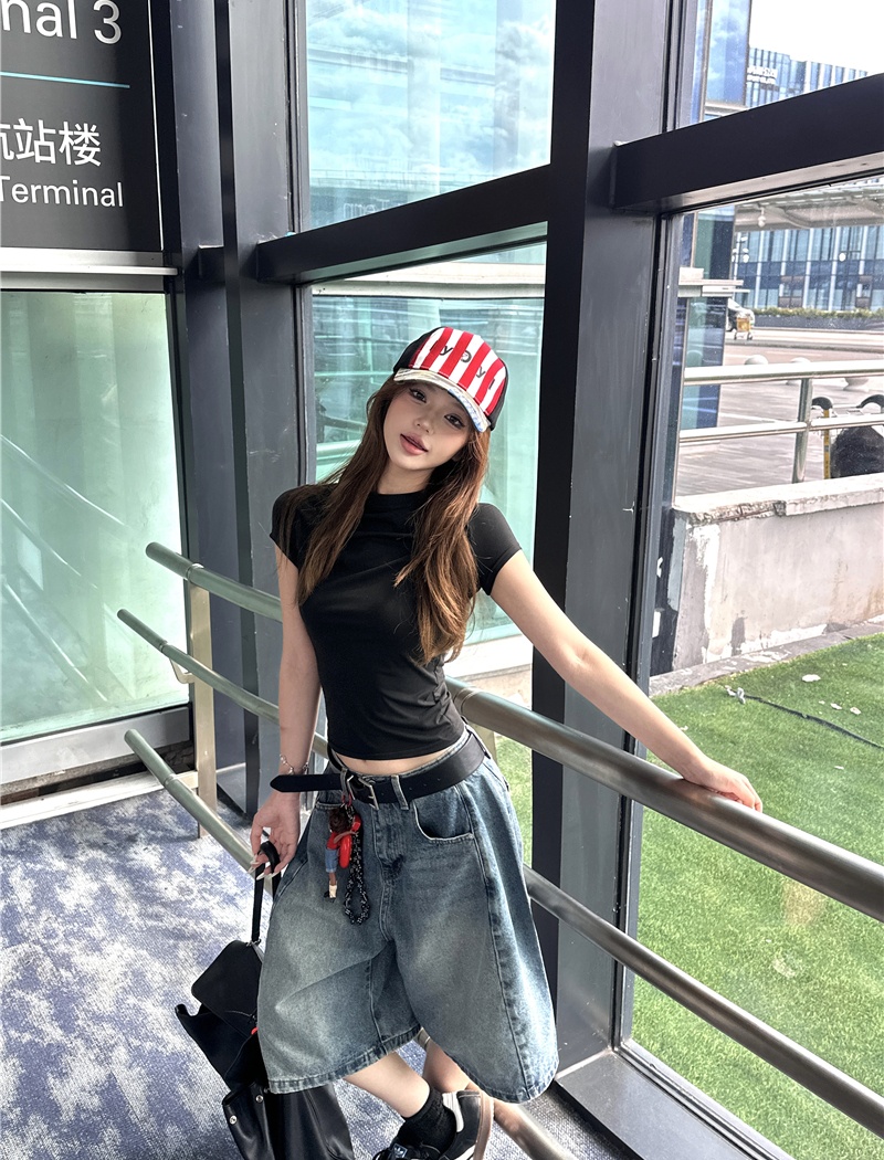 High waist short T-shirt loose short sleeve jeans for women