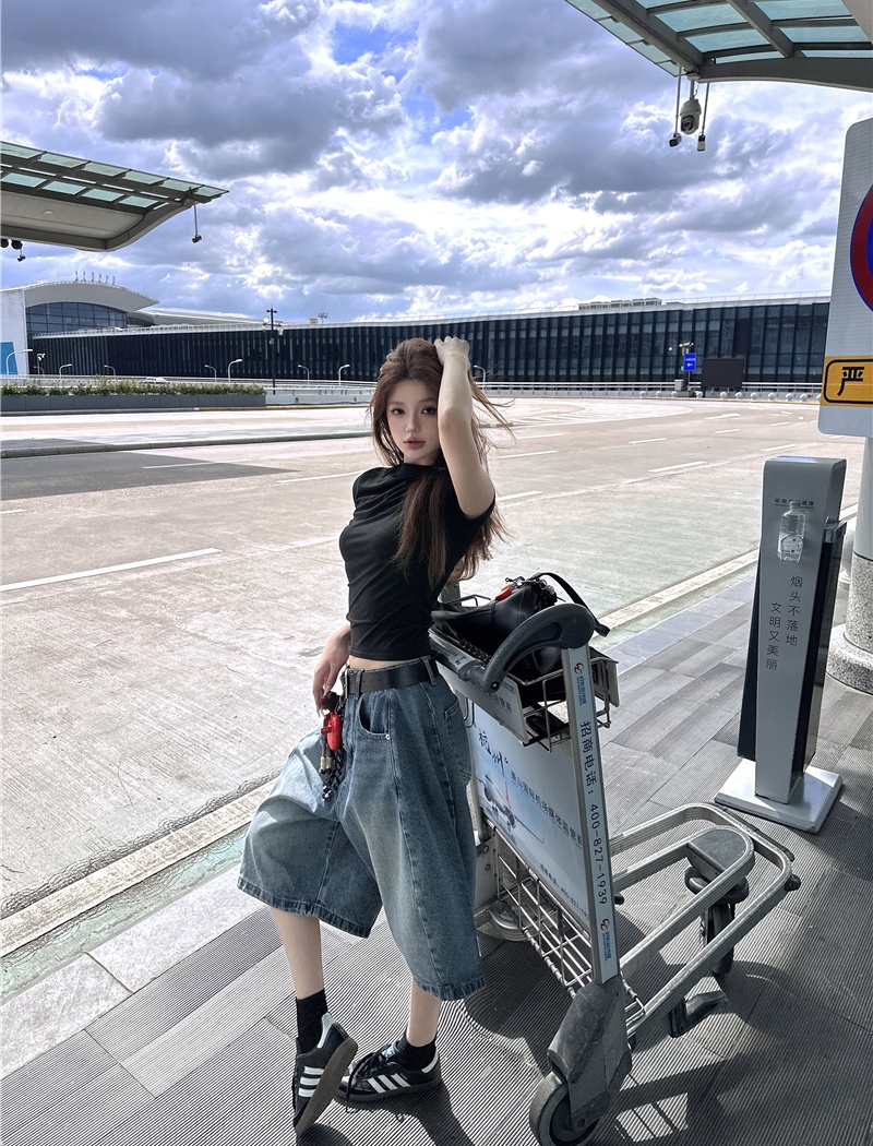 High waist short T-shirt loose short sleeve jeans for women