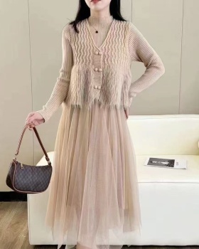 Temperament waistcoat knitted dress 2pcs set