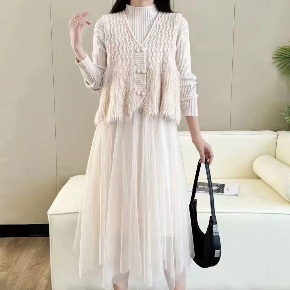 Temperament waistcoat knitted dress 2pcs set