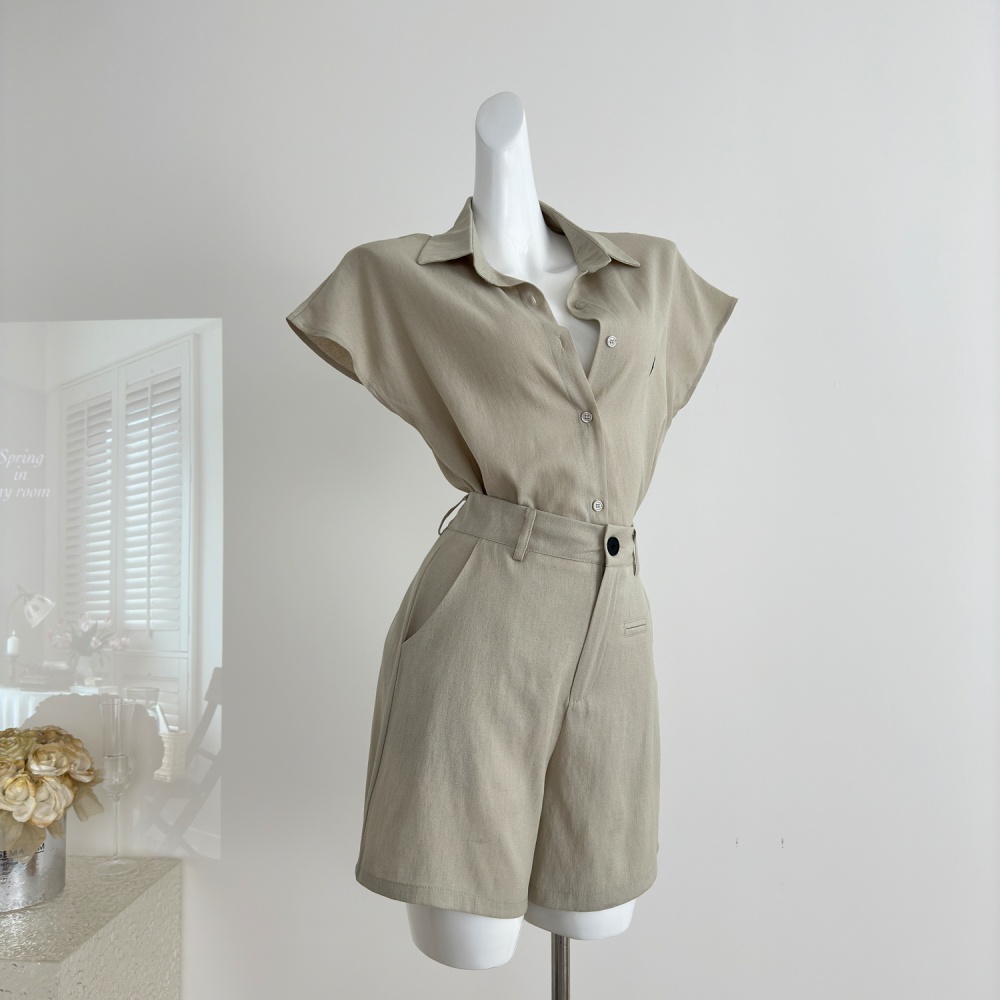Flax Korean style shorts cotton linen shirt a set for women