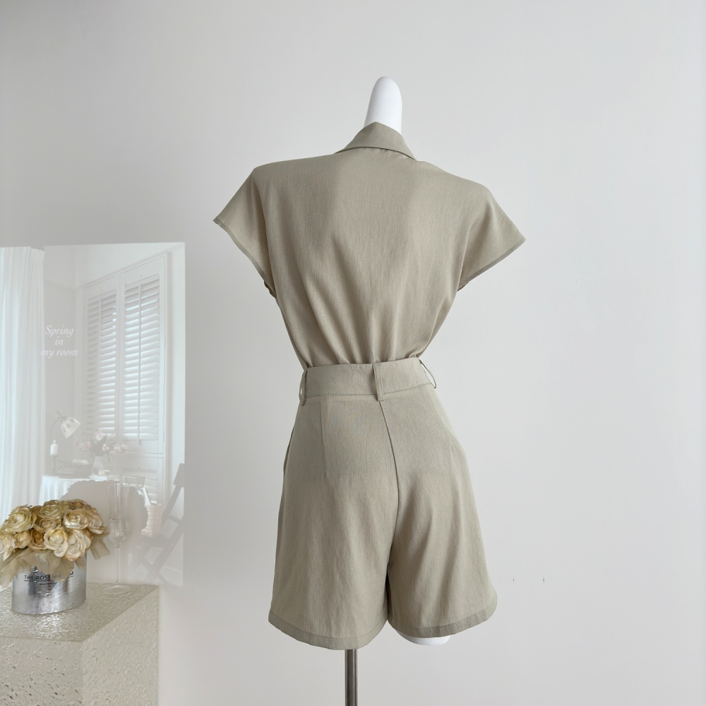 Flax Korean style shorts cotton linen shirt a set for women