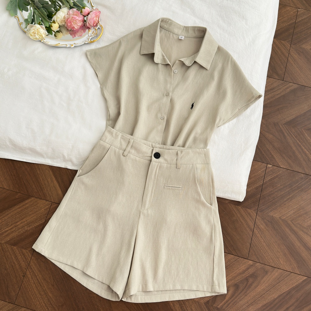 Flax Korean style shorts cotton linen shirt a set for women