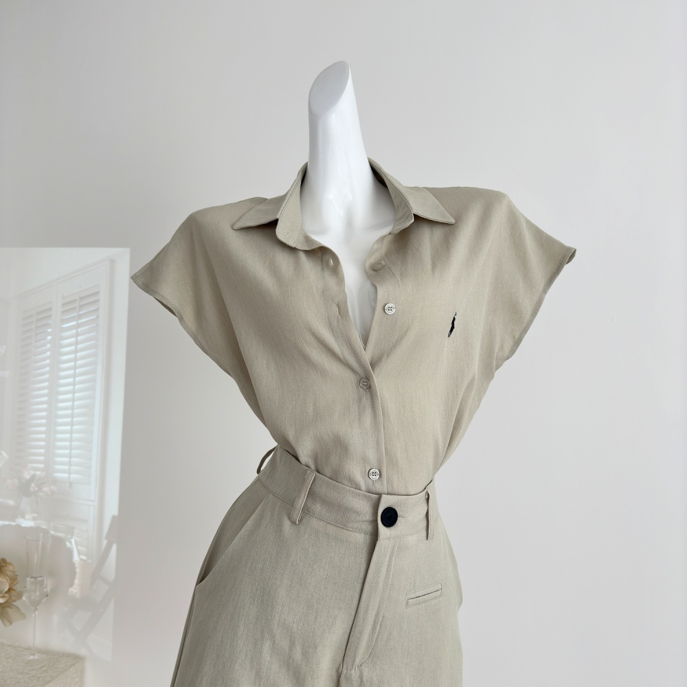 Flax Korean style shorts cotton linen shirt a set for women