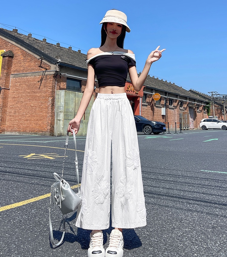 Sweet wide leg pants flowers casual pants for women