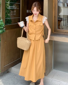 Sweet chanelstyle skirt orange shirt 2pcs set for women