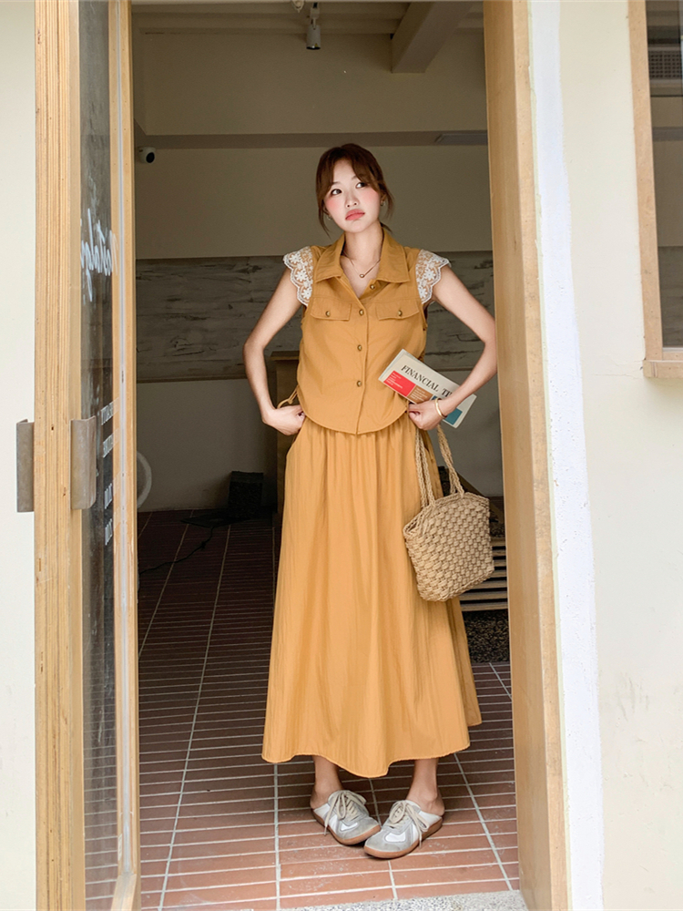 Sweet chanelstyle skirt orange shirt 2pcs set for women