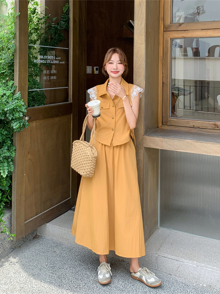 Sweet chanelstyle skirt orange shirt 2pcs set for women