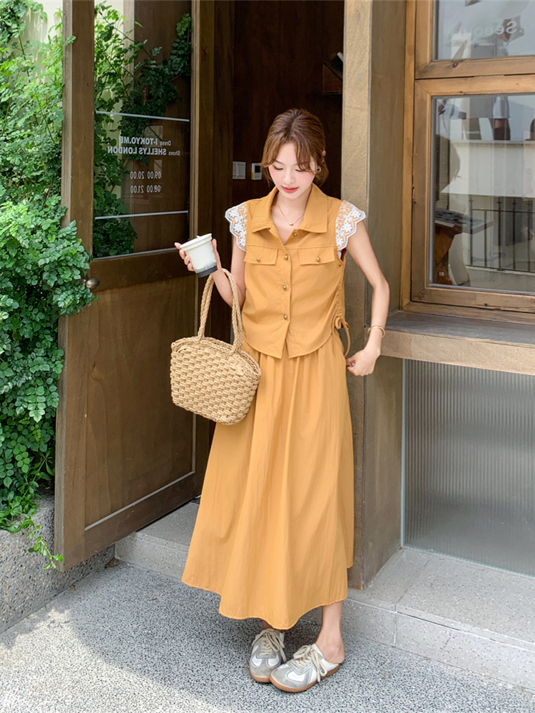 Sweet chanelstyle skirt orange shirt 2pcs set for women