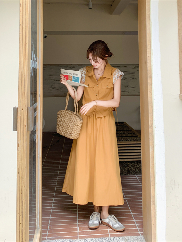 Sweet chanelstyle skirt orange shirt 2pcs set for women