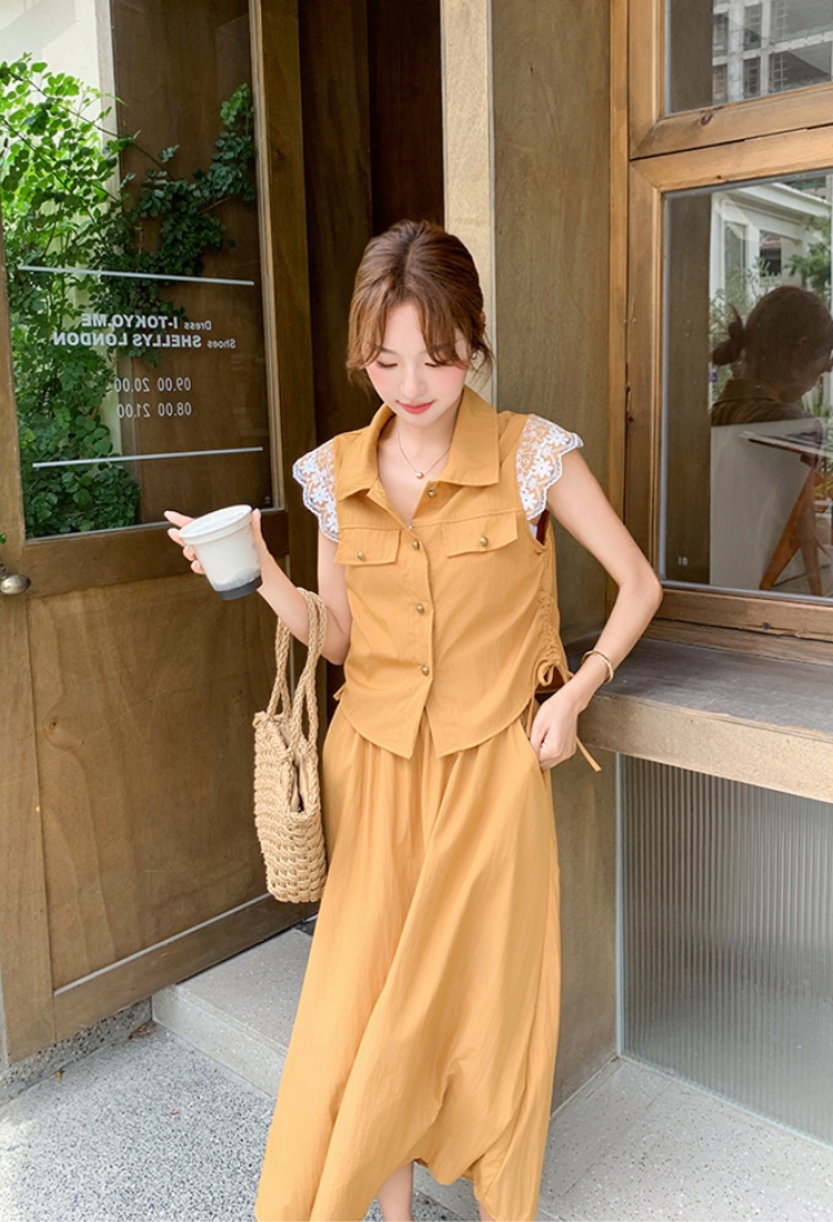 Sweet chanelstyle skirt orange shirt 2pcs set for women