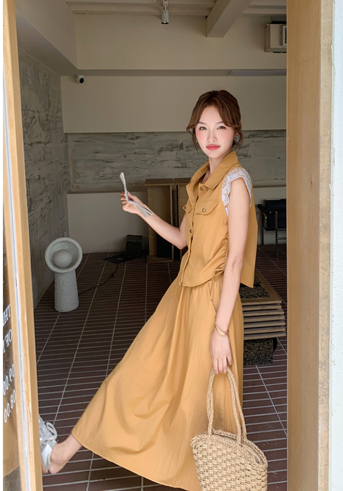 Sweet chanelstyle skirt orange shirt 2pcs set for women
