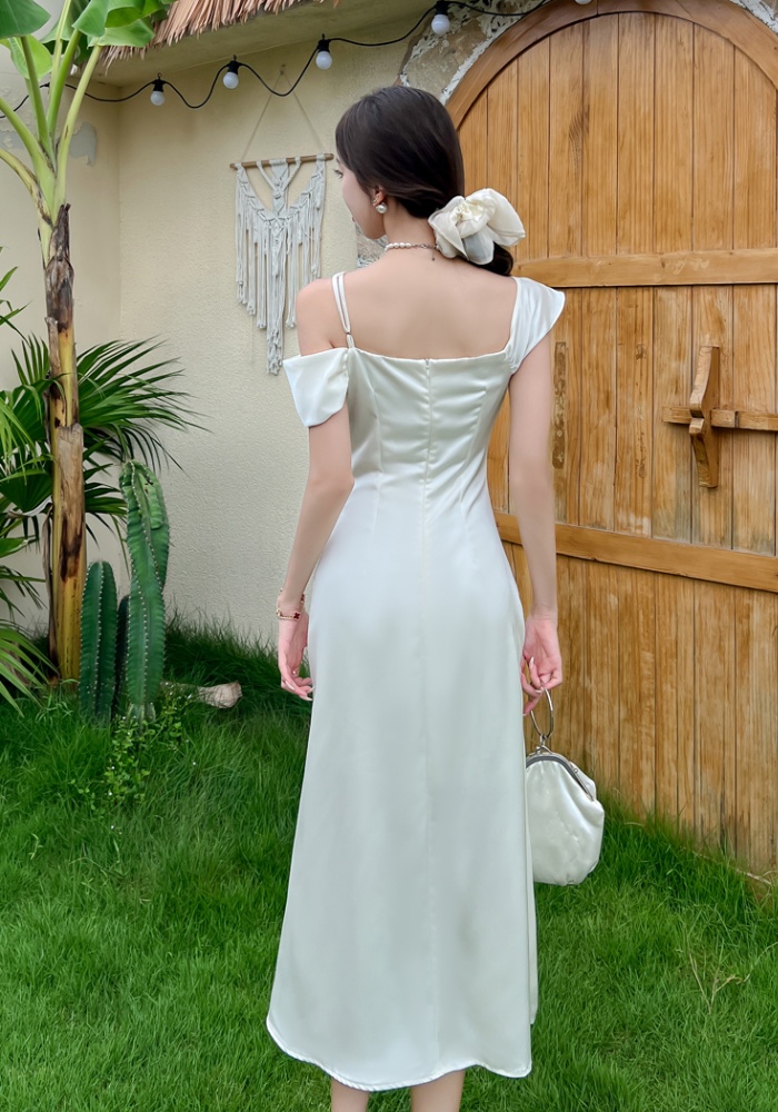 Slim France style dress temperament flat shoulder strap dress