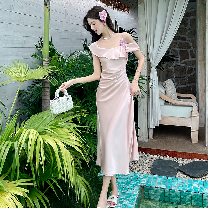 Slim France style dress temperament flat shoulder strap dress