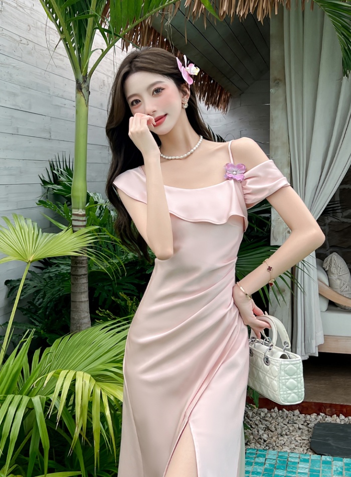 Slim France style dress temperament flat shoulder strap dress